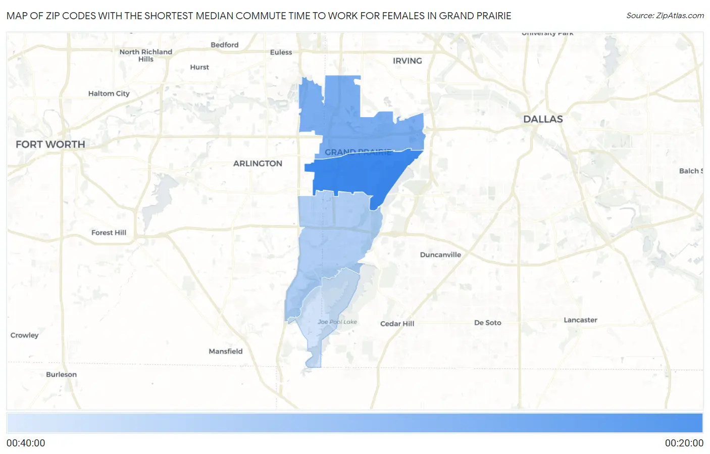 Zip Codes with the Shortest Median Commute Time to Work for Females in Grand Prairie Map