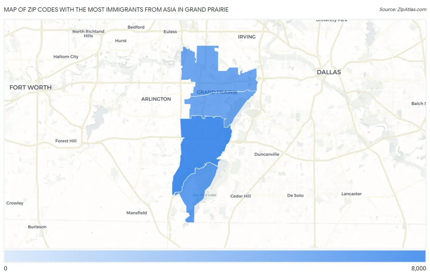Zip Codes with the Most Immigrants from Asia in Grand Prairie Map
