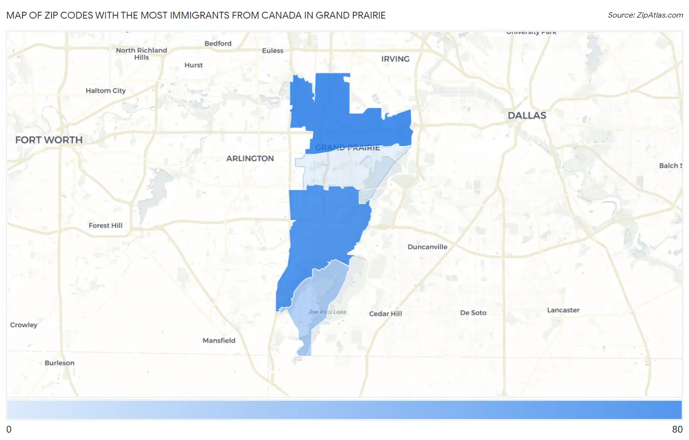 Zip Codes with the Most Immigrants from Canada in Grand Prairie Map