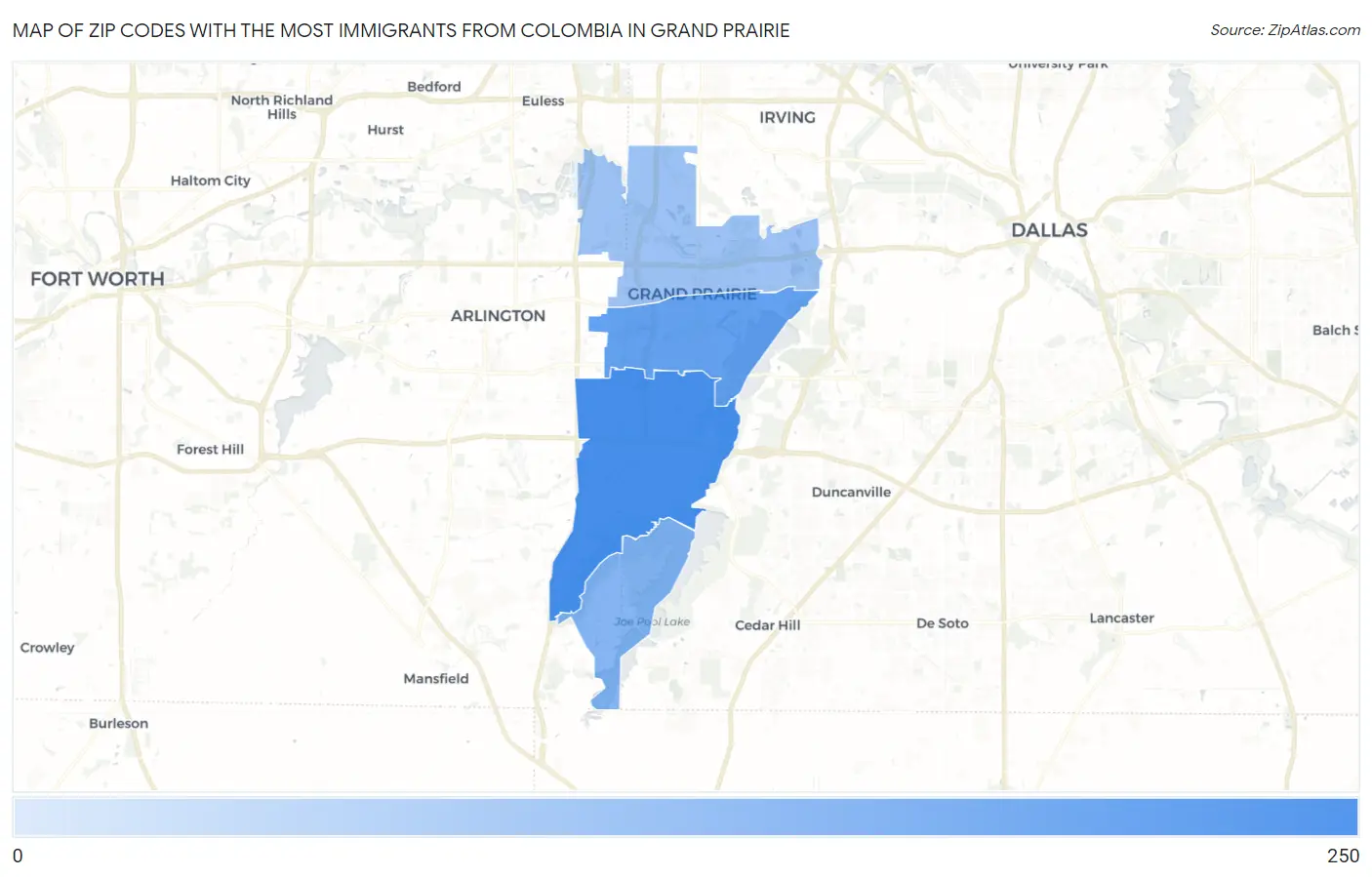 Zip Codes with the Most Immigrants from Colombia in Grand Prairie Map