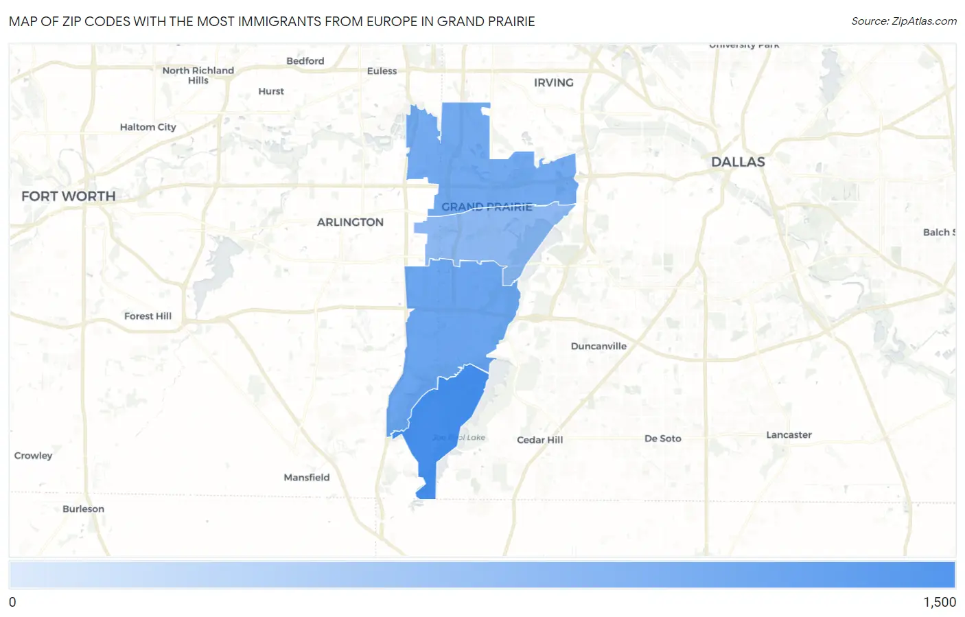 Zip Codes with the Most Immigrants from Europe in Grand Prairie Map