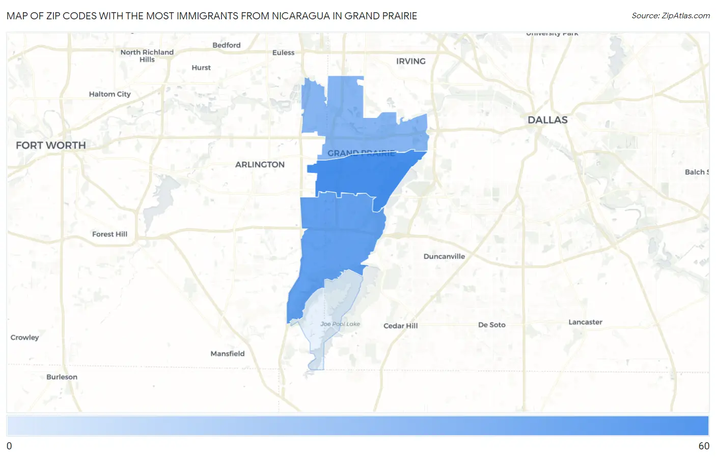 Zip Codes with the Most Immigrants from Nicaragua in Grand Prairie Map