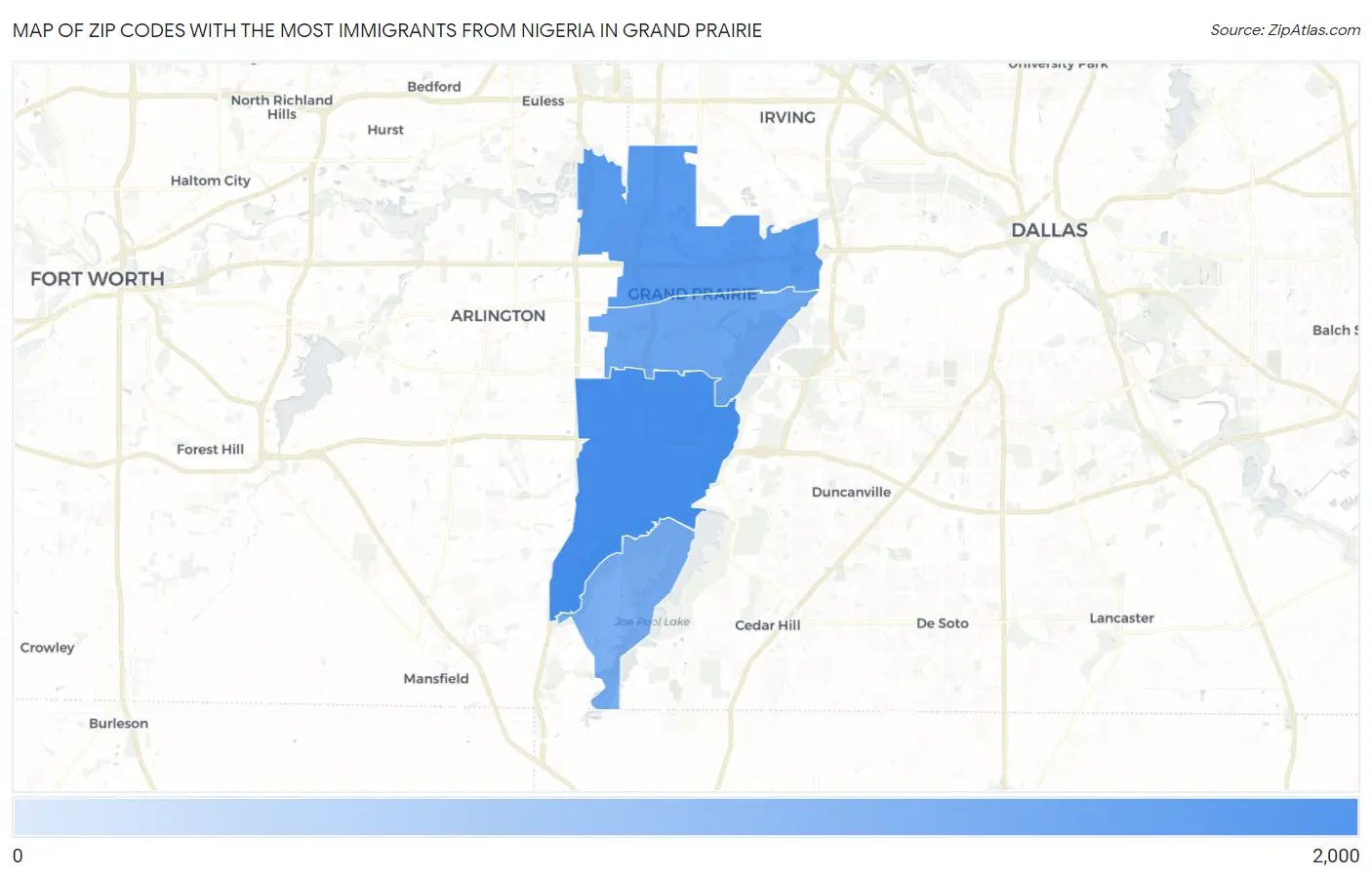 Zip Codes with the Most Immigrants from Nigeria in Grand Prairie Map