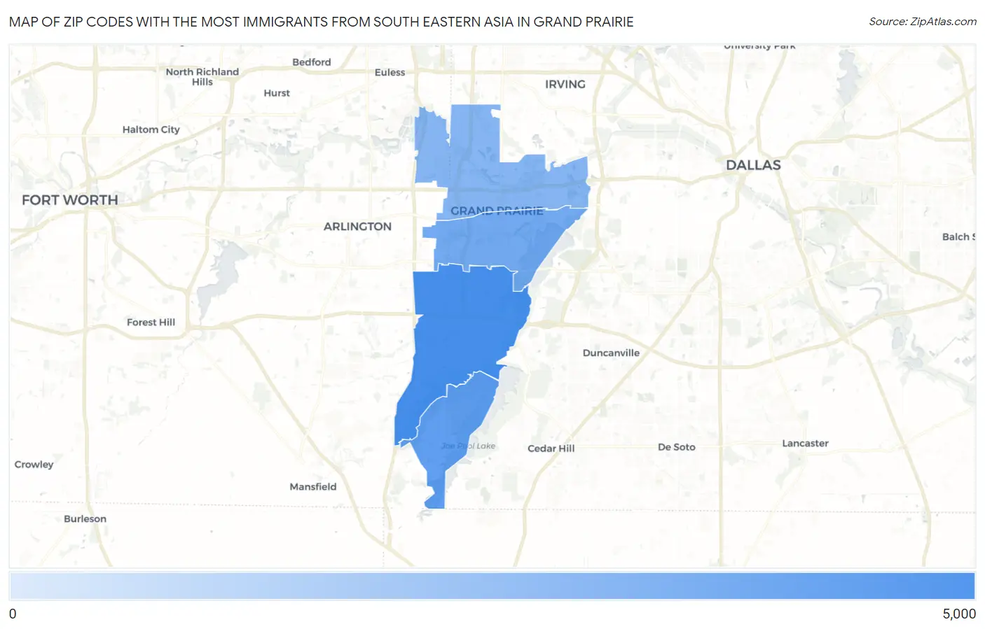 Zip Codes with the Most Immigrants from South Eastern Asia in Grand Prairie Map