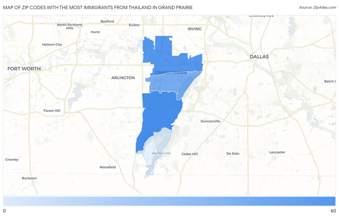 Zip Codes with the Most Immigrants from Thailand in Grand Prairie Map