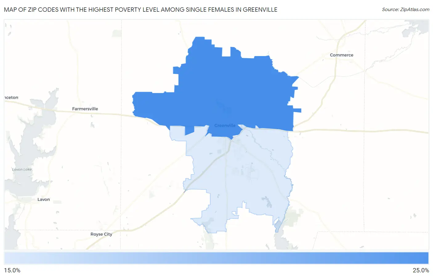 Zip Codes with the Highest Poverty Level Among Single Females in Greenville Map