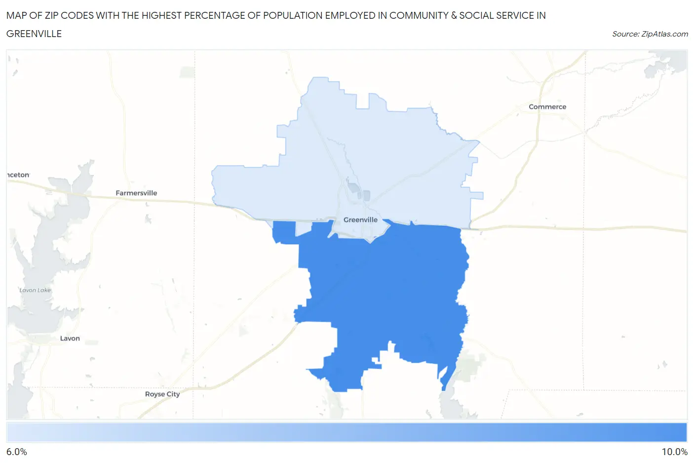 Zip Codes with the Highest Percentage of Population Employed in Community & Social Service  in Greenville Map