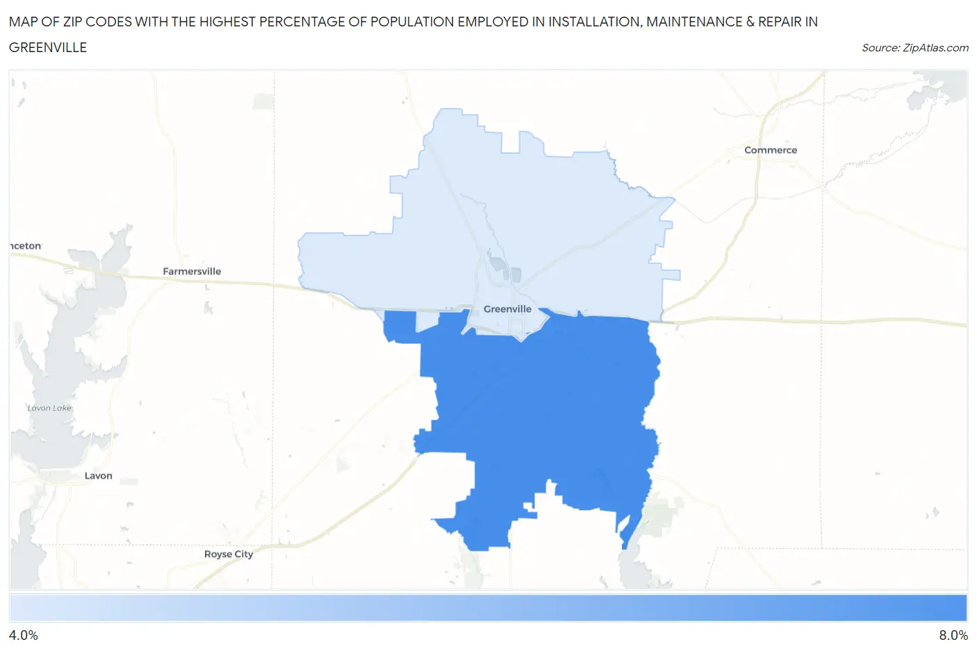 Zip Codes with the Highest Percentage of Population Employed in Installation, Maintenance & Repair in Greenville Map