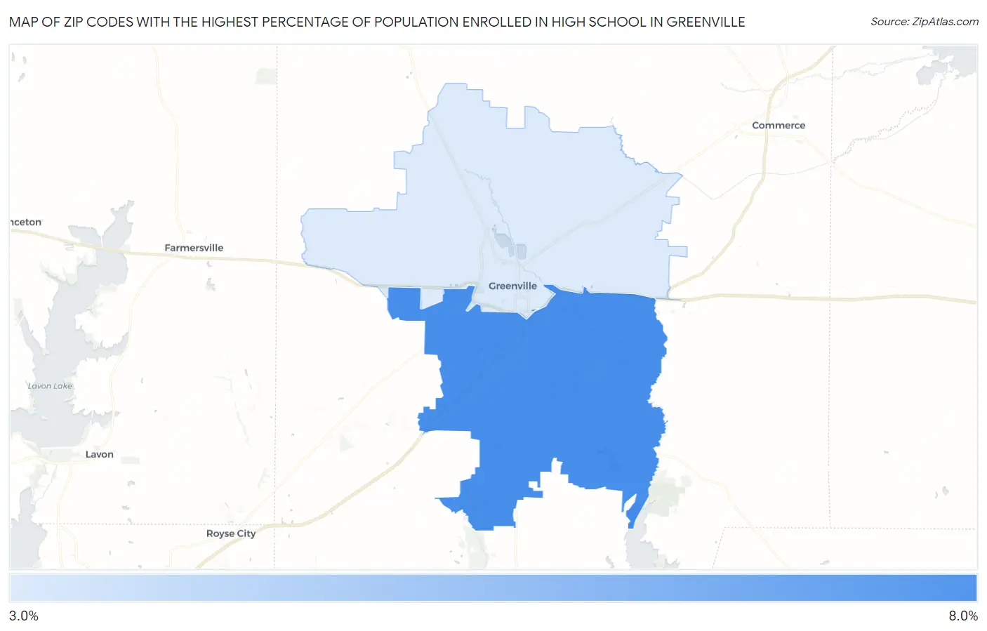 Zip Codes with the Highest Percentage of Population Enrolled in High School in Greenville Map