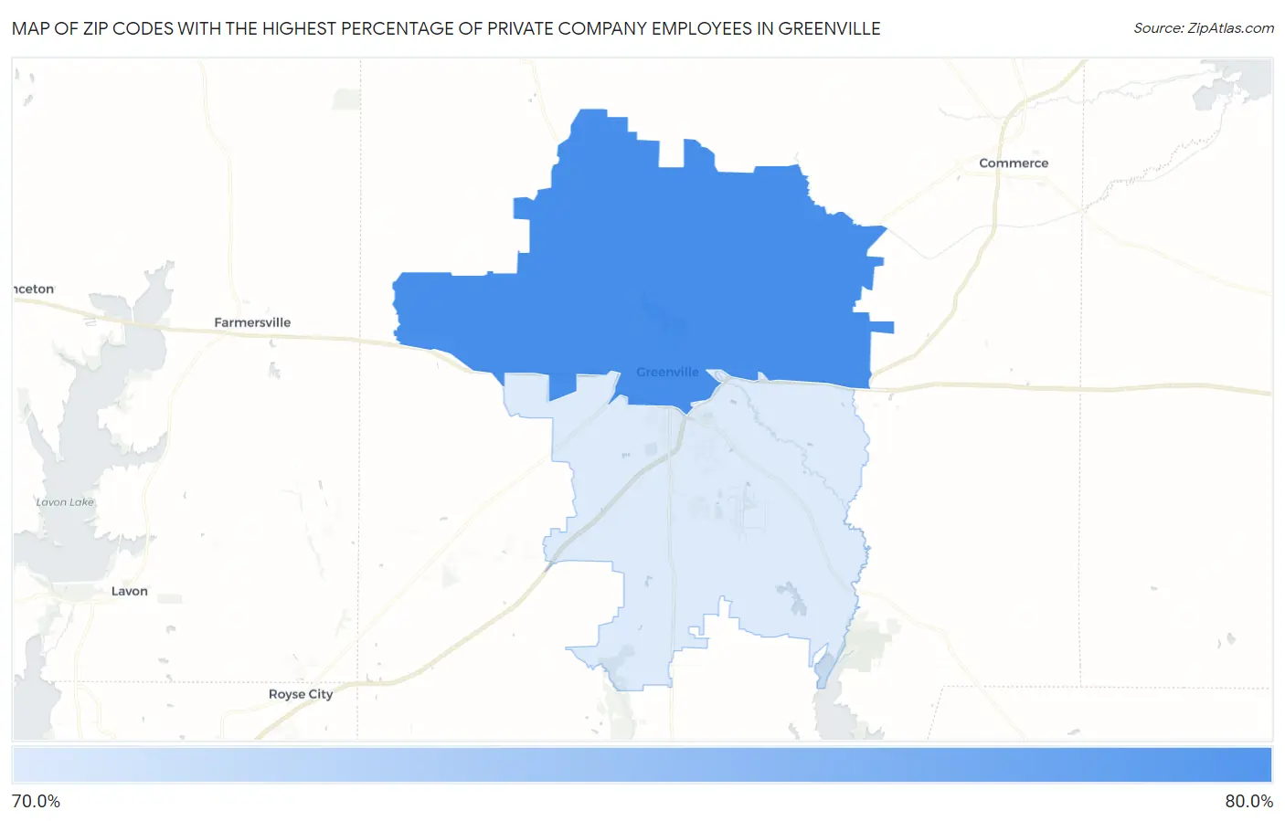 Zip Codes with the Highest Percentage of Private Company Employees in Greenville Map