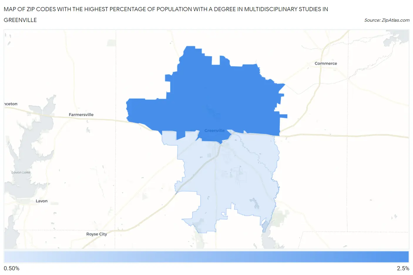 Zip Codes with the Highest Percentage of Population with a Degree in Multidisciplinary Studies in Greenville Map