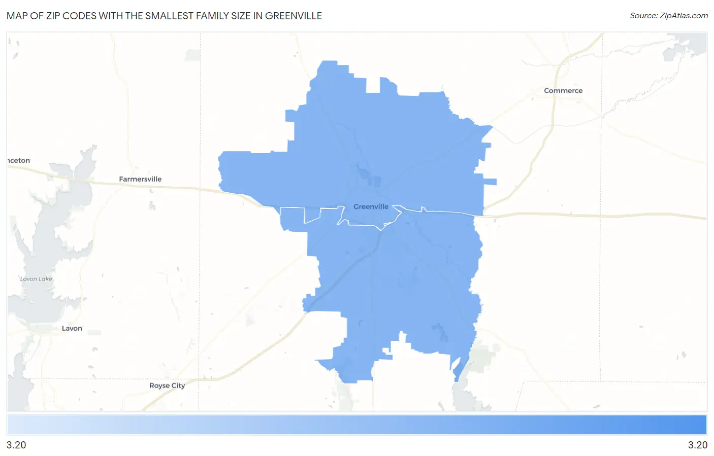 Zip Codes with the Smallest Family Size in Greenville Map