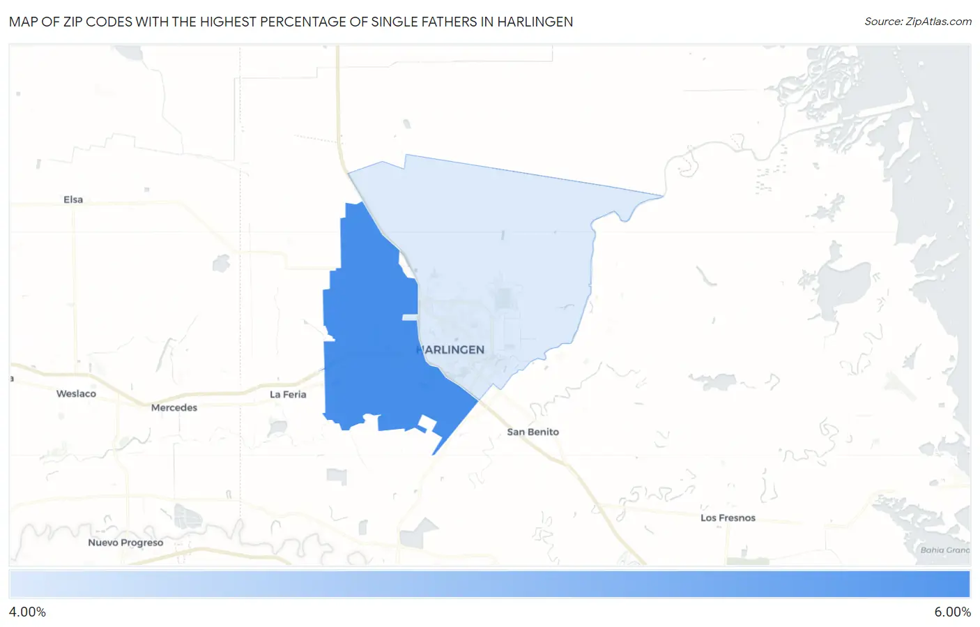 Zip Codes with the Highest Percentage of Single Fathers in Harlingen Map