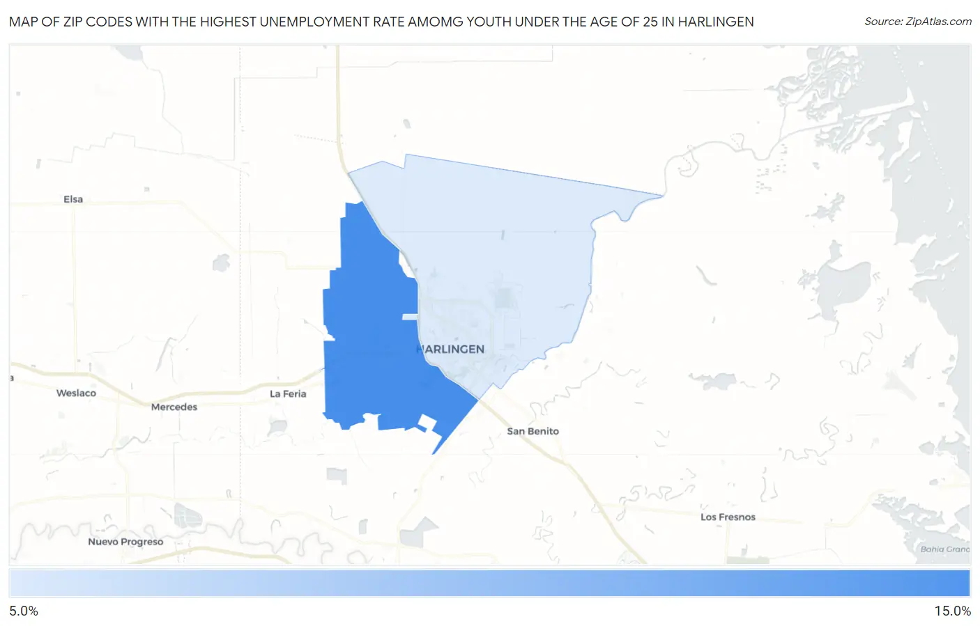 Zip Codes with the Highest Unemployment Rate Amomg Youth Under the Age of 25 in Harlingen Map