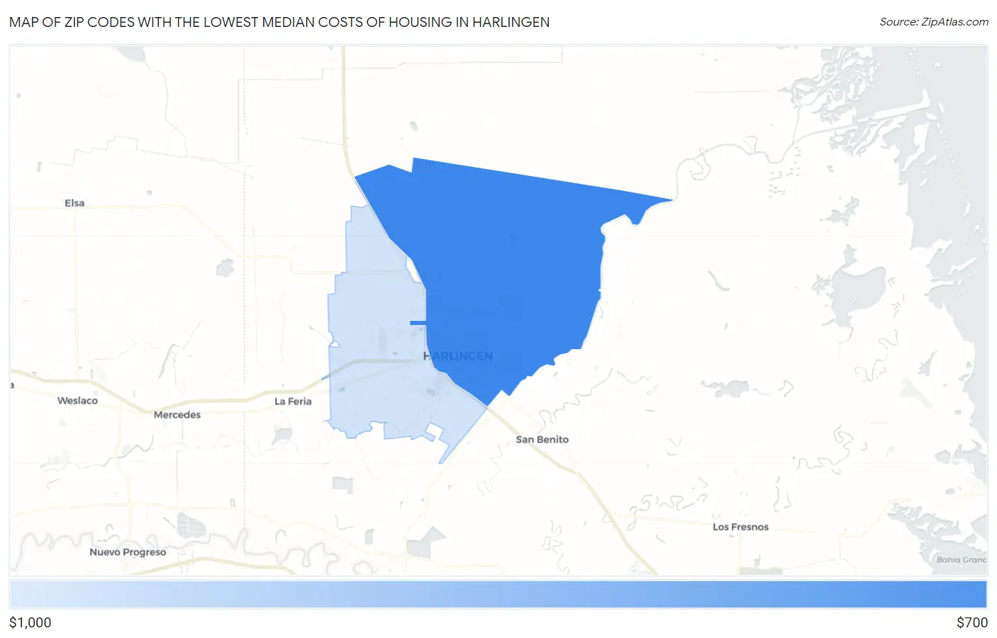 Zip Codes with the Lowest Median Costs of Housing in Harlingen Map