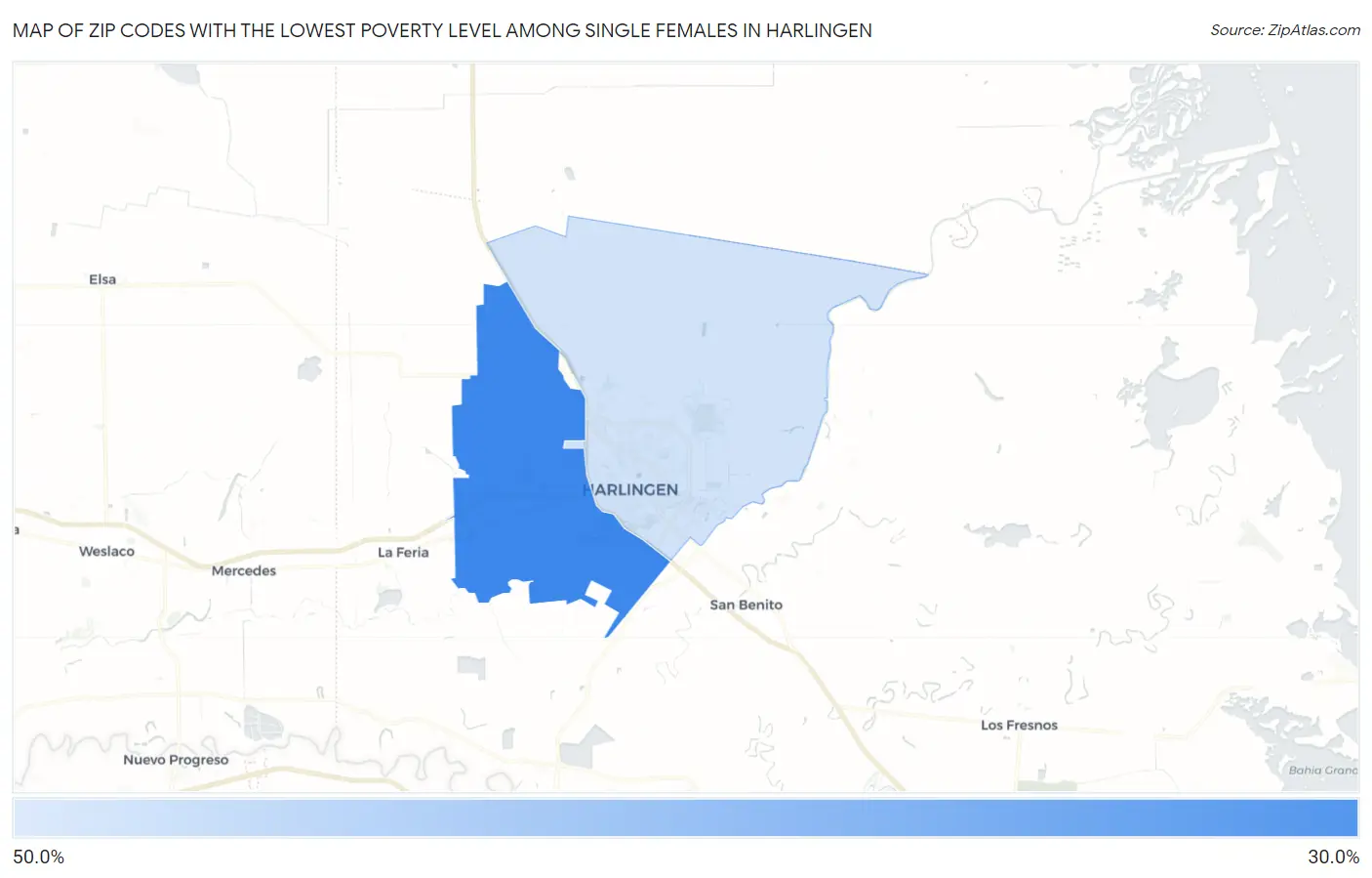 Zip Codes with the Lowest Poverty Level Among Single Females in Harlingen Map