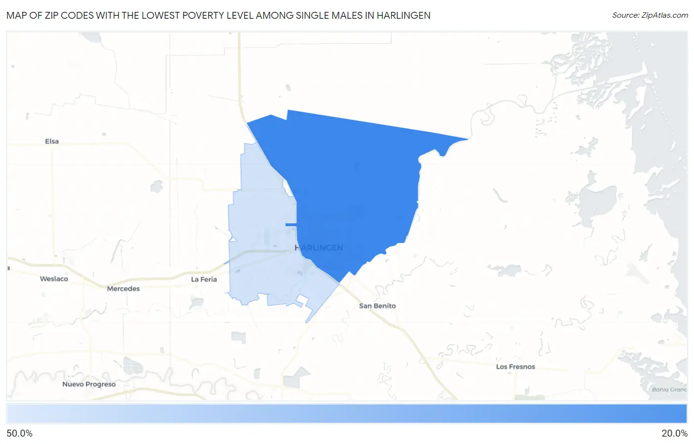 Zip Codes with the Lowest Poverty Level Among Single Males in Harlingen Map