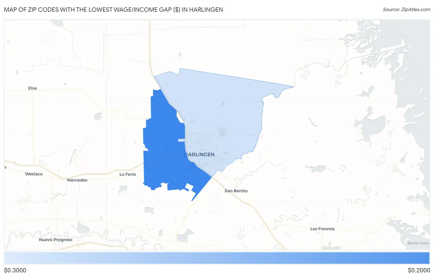 Zip Codes with the Lowest Wage/Income Gap ($) in Harlingen Map