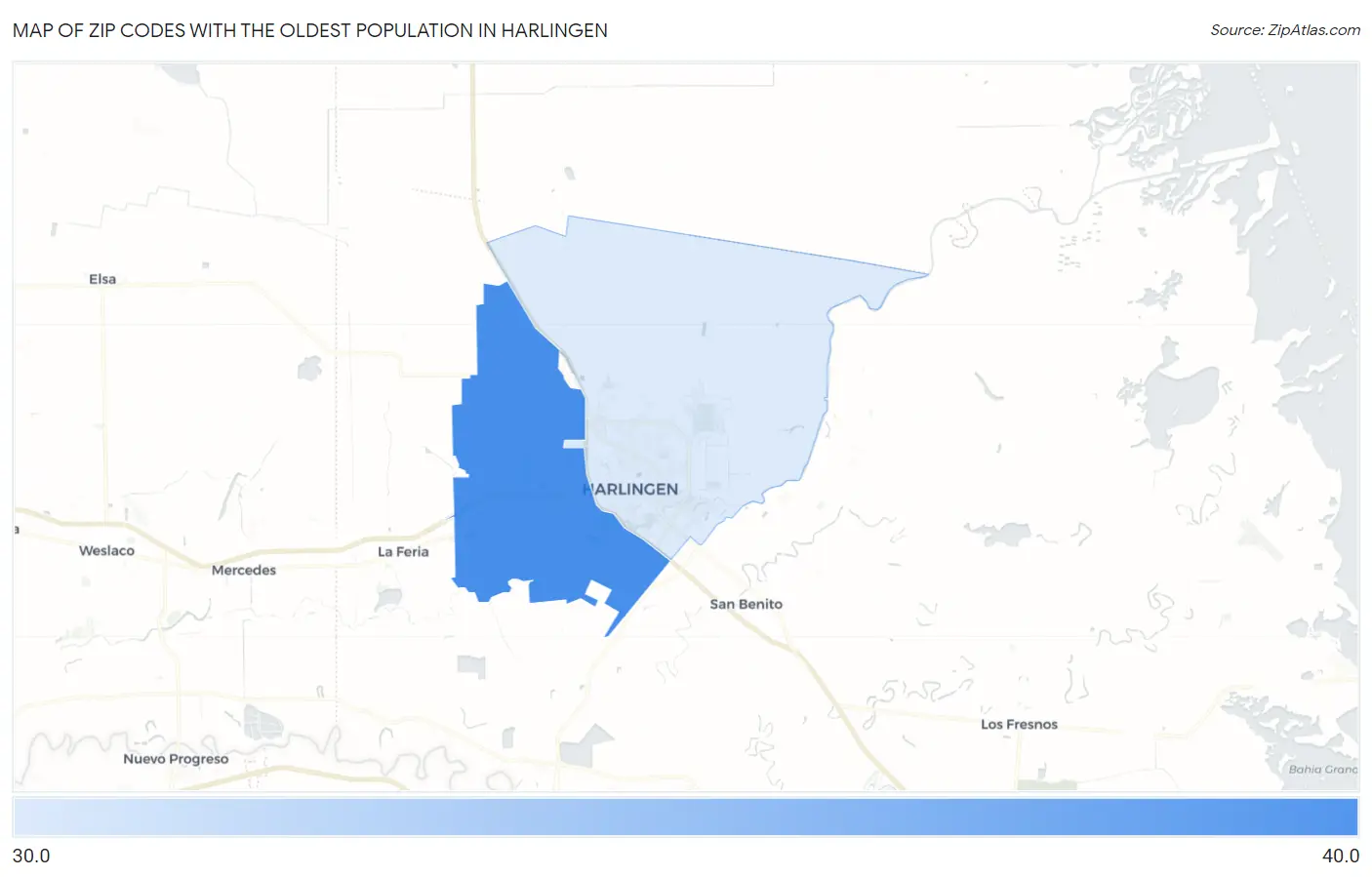 Zip Codes with the Oldest Population in Harlingen Map