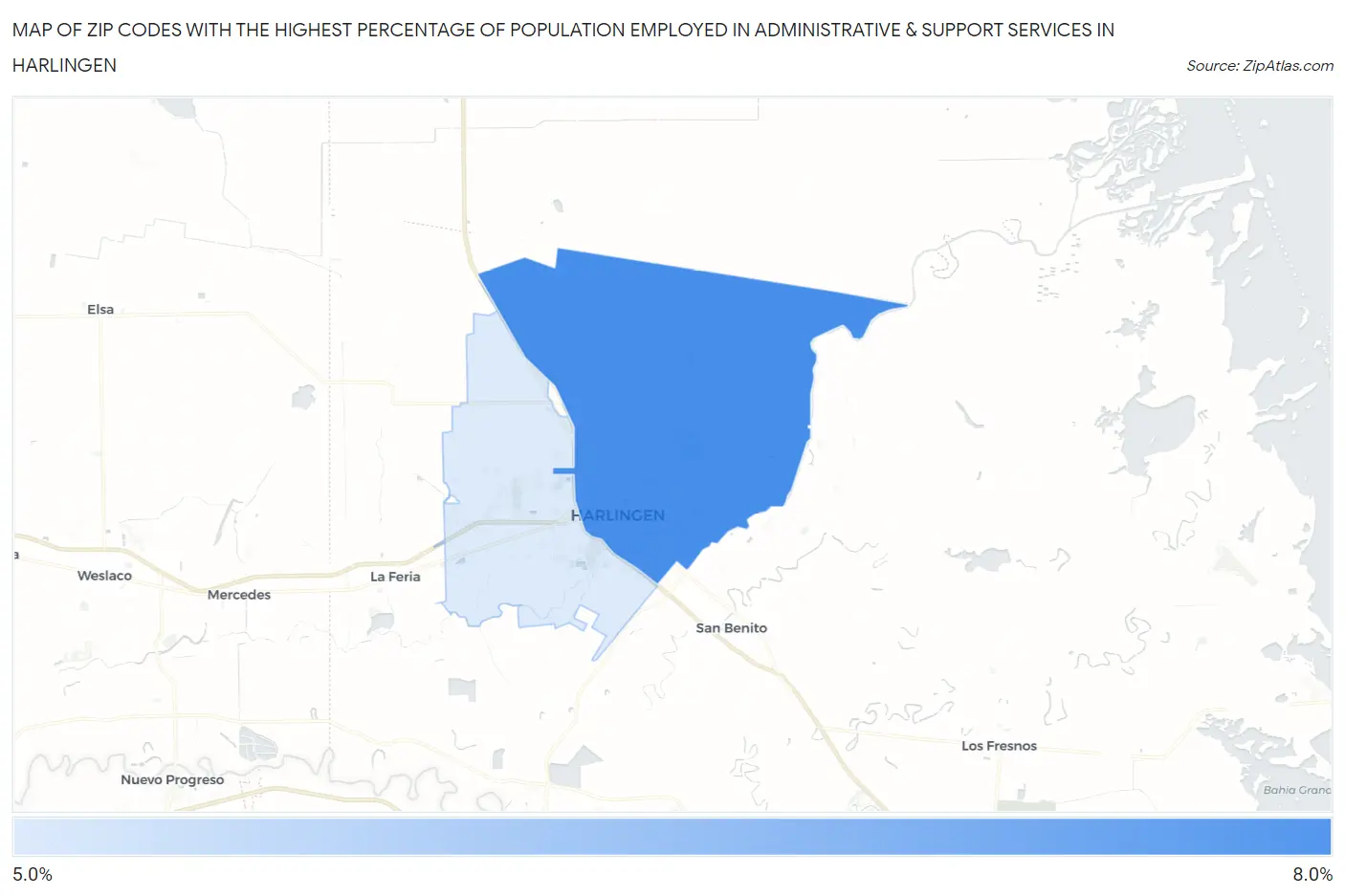 Zip Codes with the Highest Percentage of Population Employed in Administrative & Support Services in Harlingen Map
