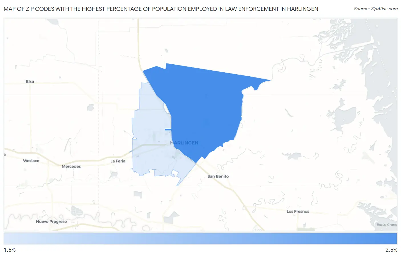 Zip Codes with the Highest Percentage of Population Employed in Law Enforcement in Harlingen Map