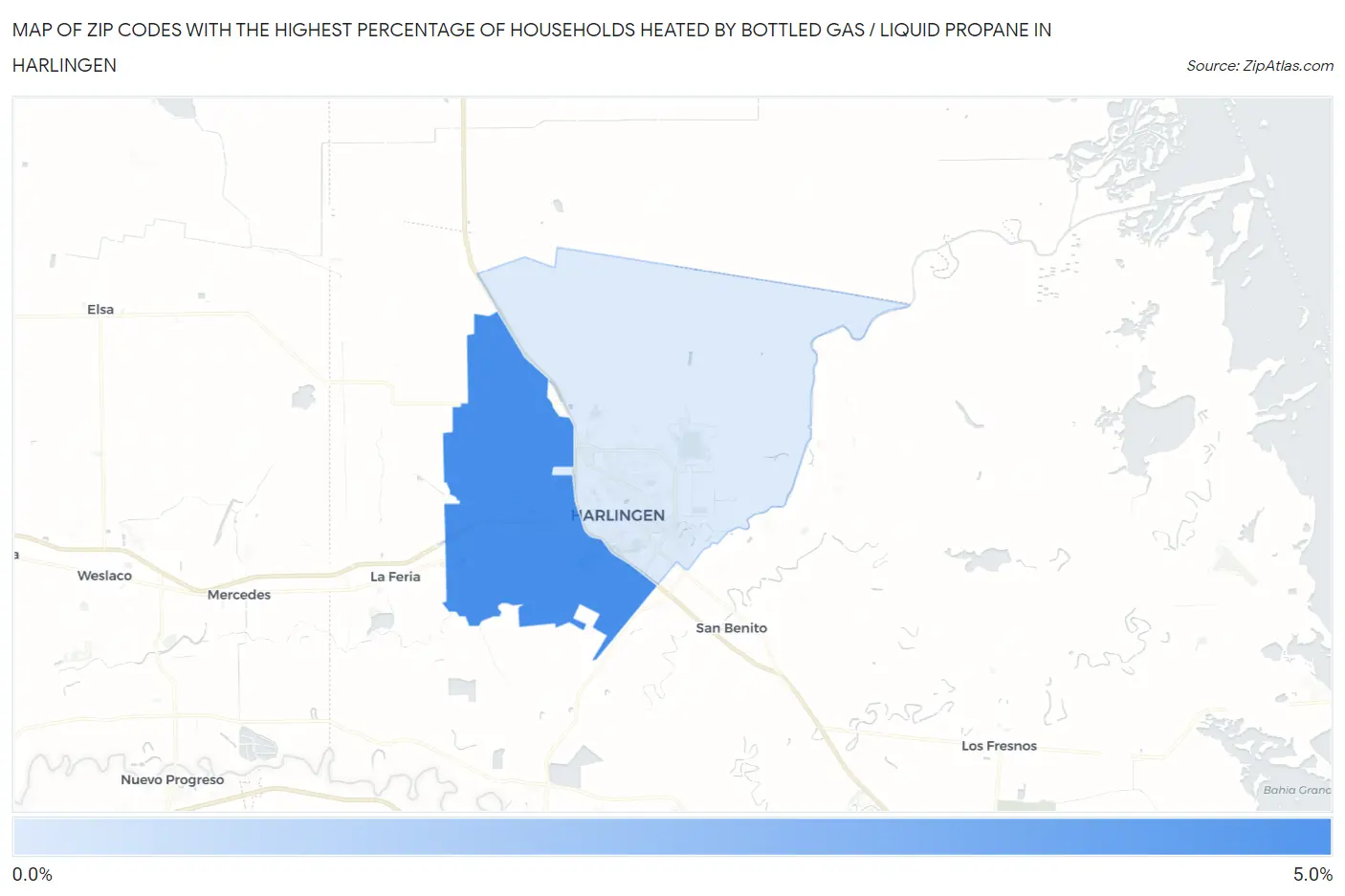 Zip Codes with the Highest Percentage of Households Heated by Bottled Gas / Liquid Propane in Harlingen Map