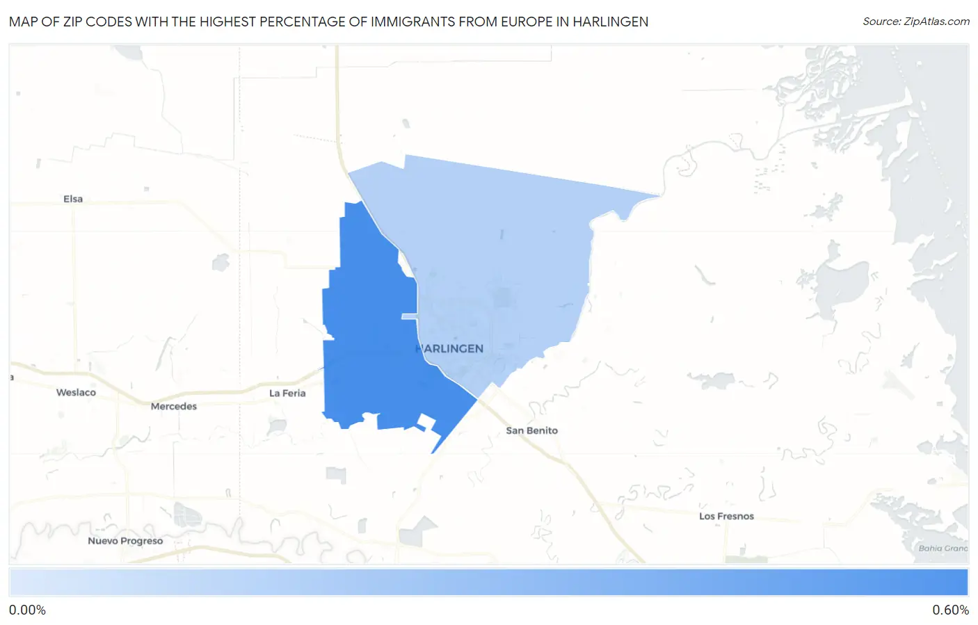 Zip Codes with the Highest Percentage of Immigrants from Europe in Harlingen Map