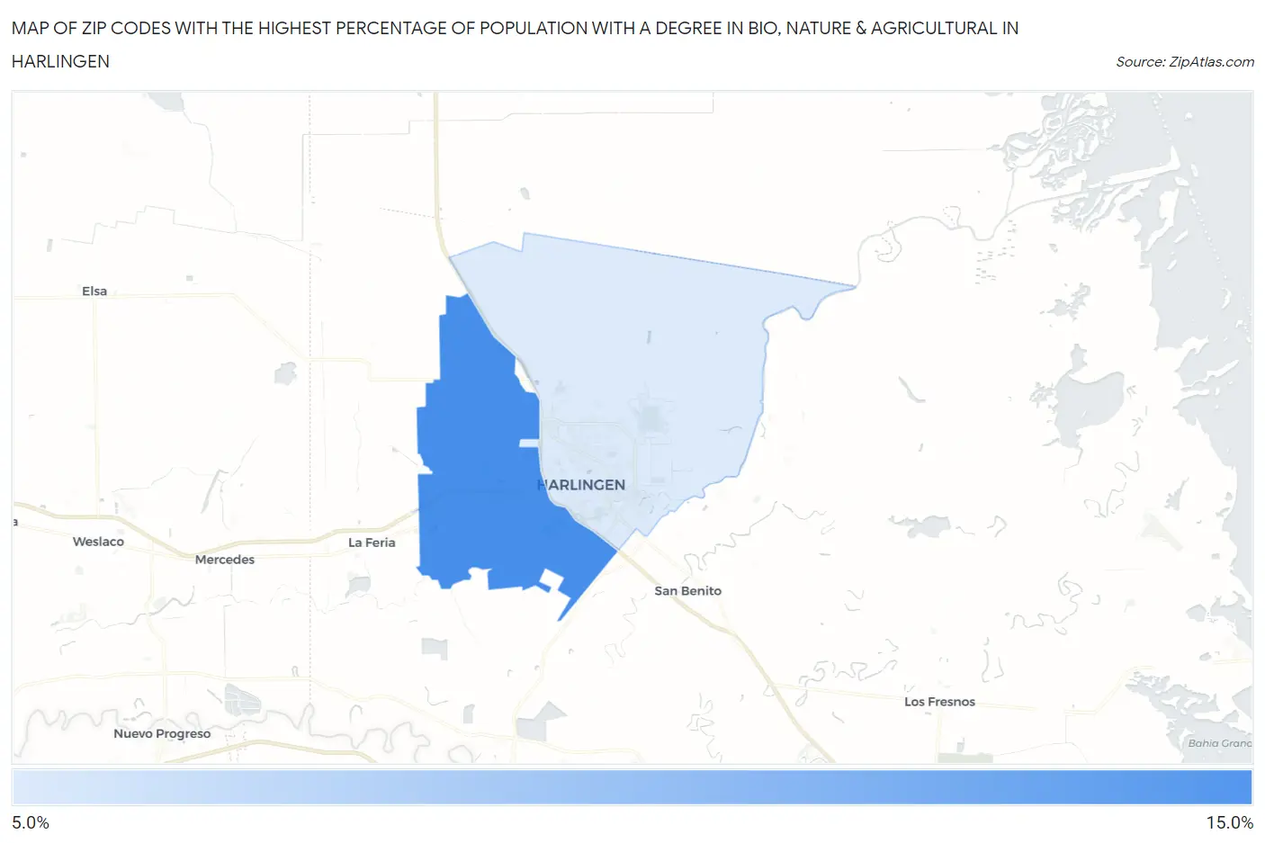 Zip Codes with the Highest Percentage of Population with a Degree in Bio, Nature & Agricultural in Harlingen Map