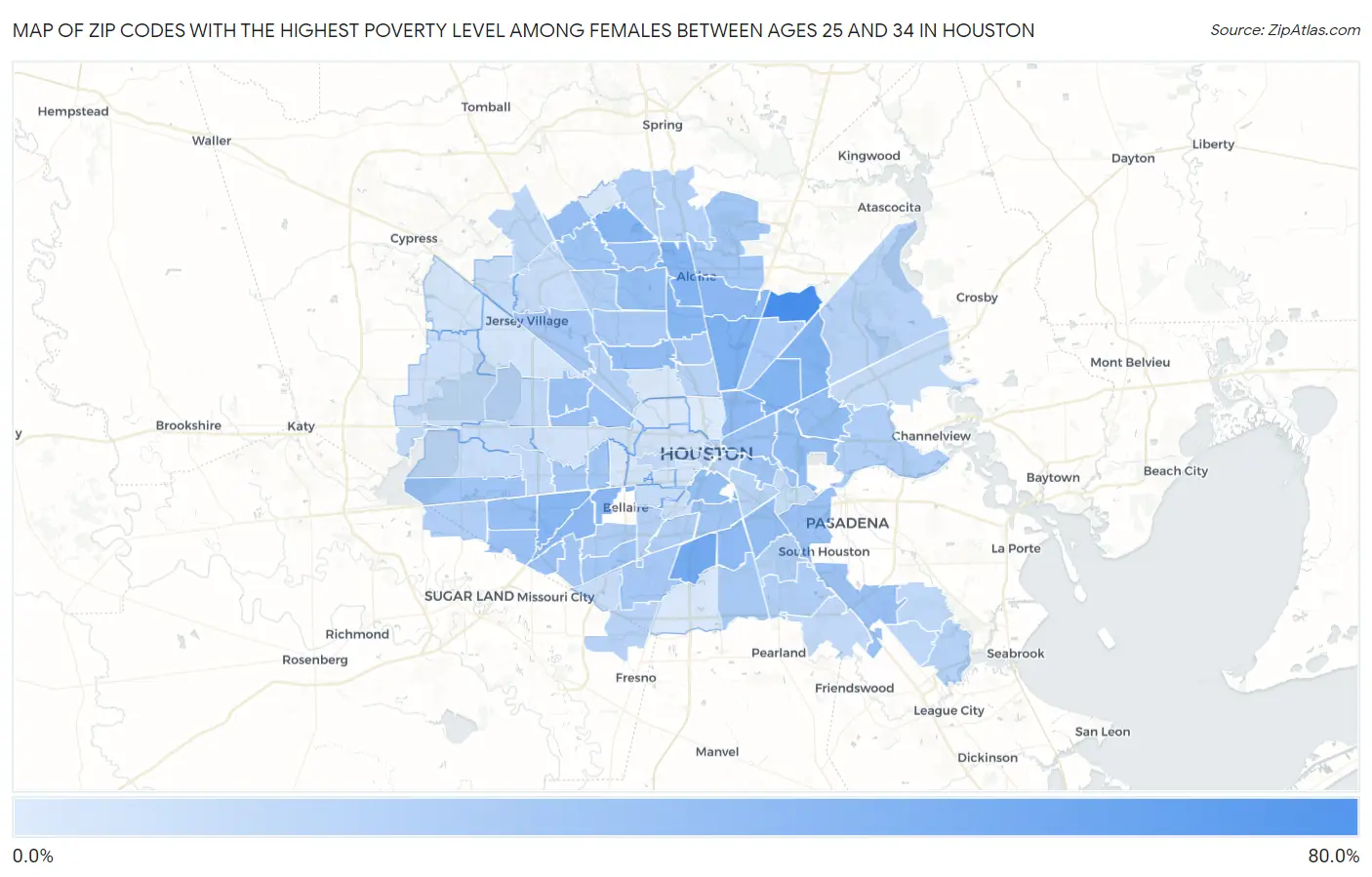 Zip Codes with the Highest Poverty Level Among Females Between Ages 25 and 34 in Houston Map