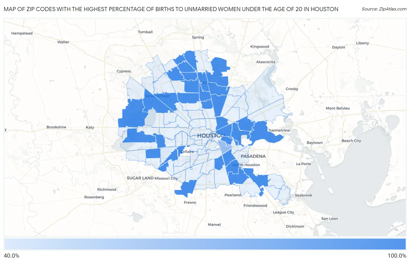 Zip Codes with the Highest Percentage of Births to Unmarried Women under the Age of 20 in Houston Map