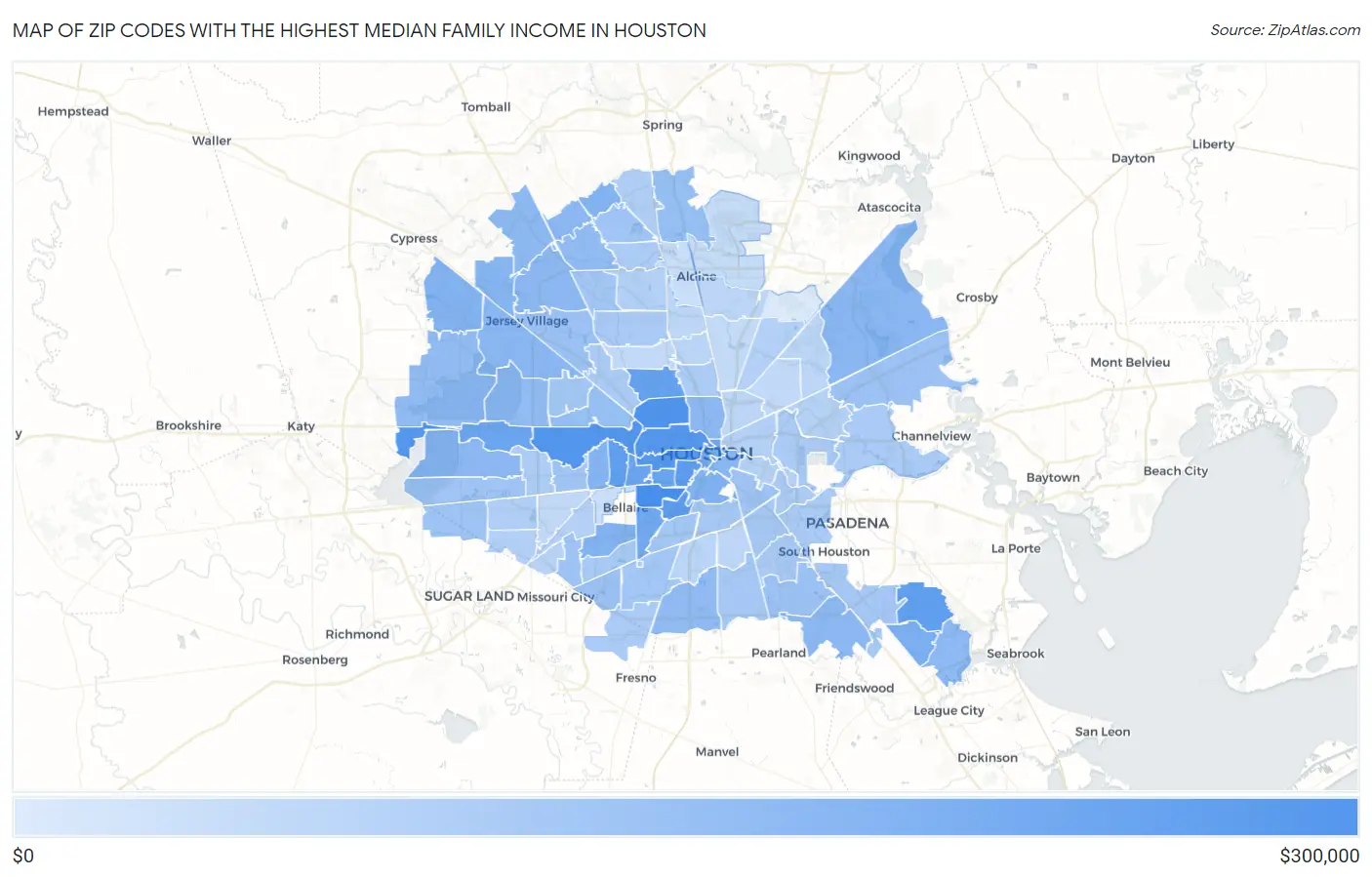 Zip Codes with the Highest Median Family Income in Houston Map
