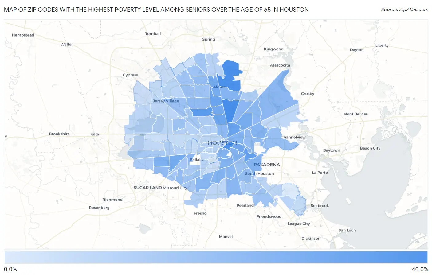 Zip Codes with the Highest Poverty Level Among Seniors Over the Age of 65 in Houston Map