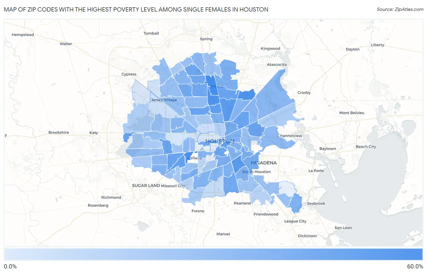Zip Codes with the Highest Poverty Level Among Single Females in Houston Map