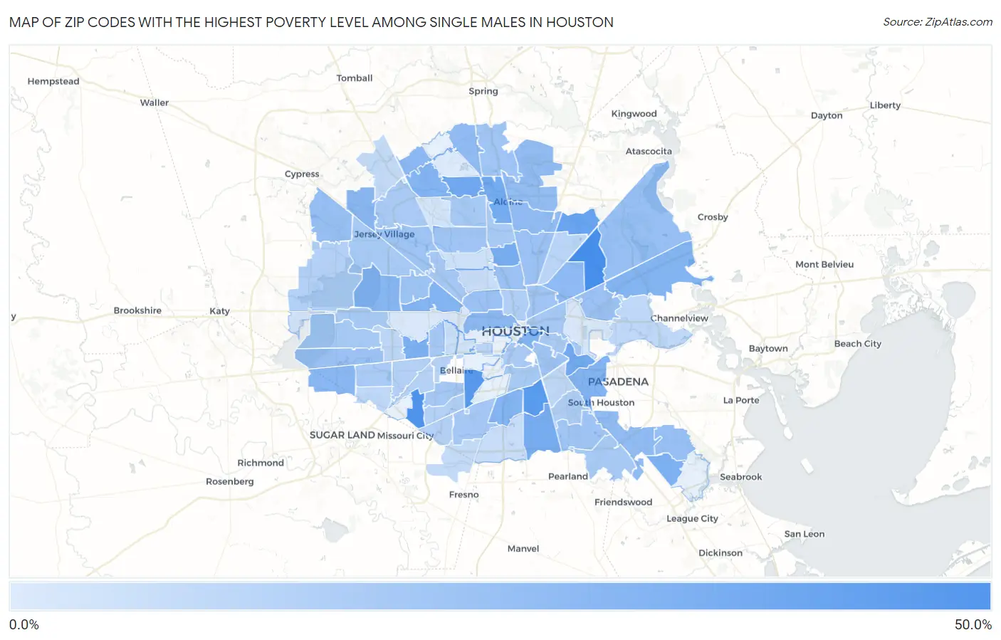 Zip Codes with the Highest Poverty Level Among Single Males in Houston Map