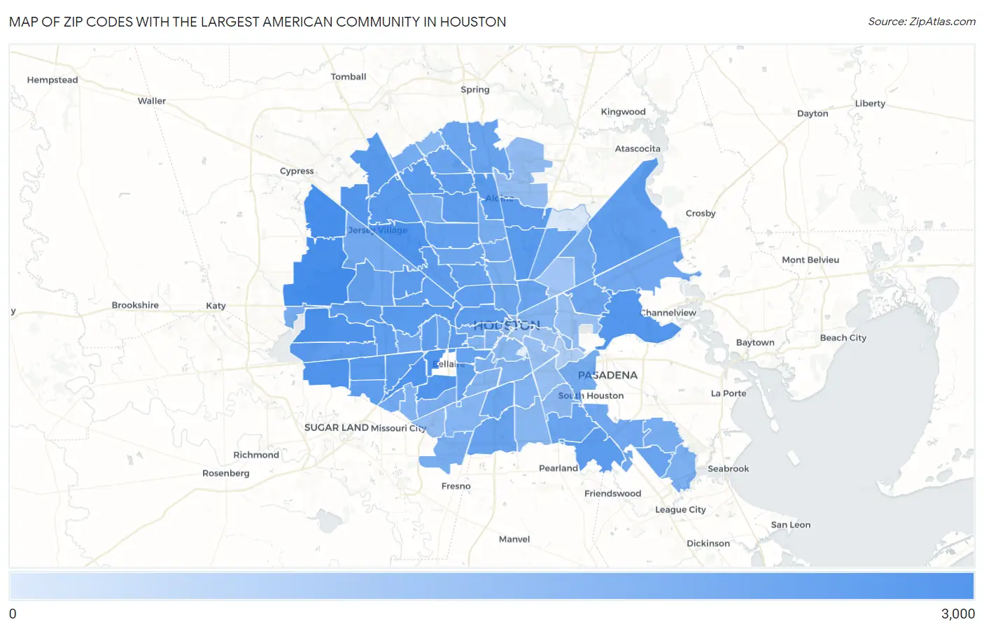 Zip Codes with the Largest American Community in Houston Map