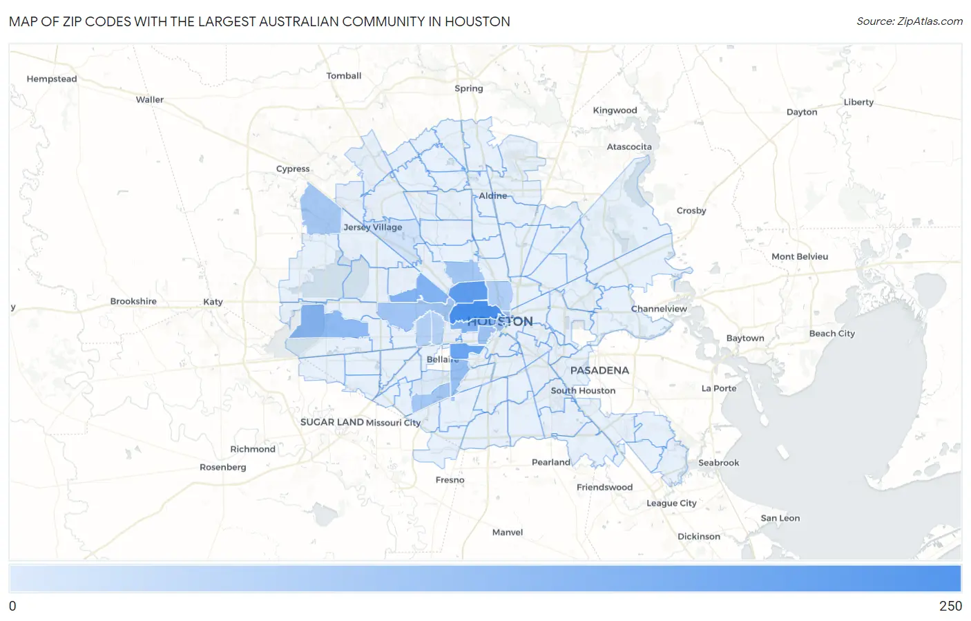 Zip Codes with the Largest Australian Community in Houston Map