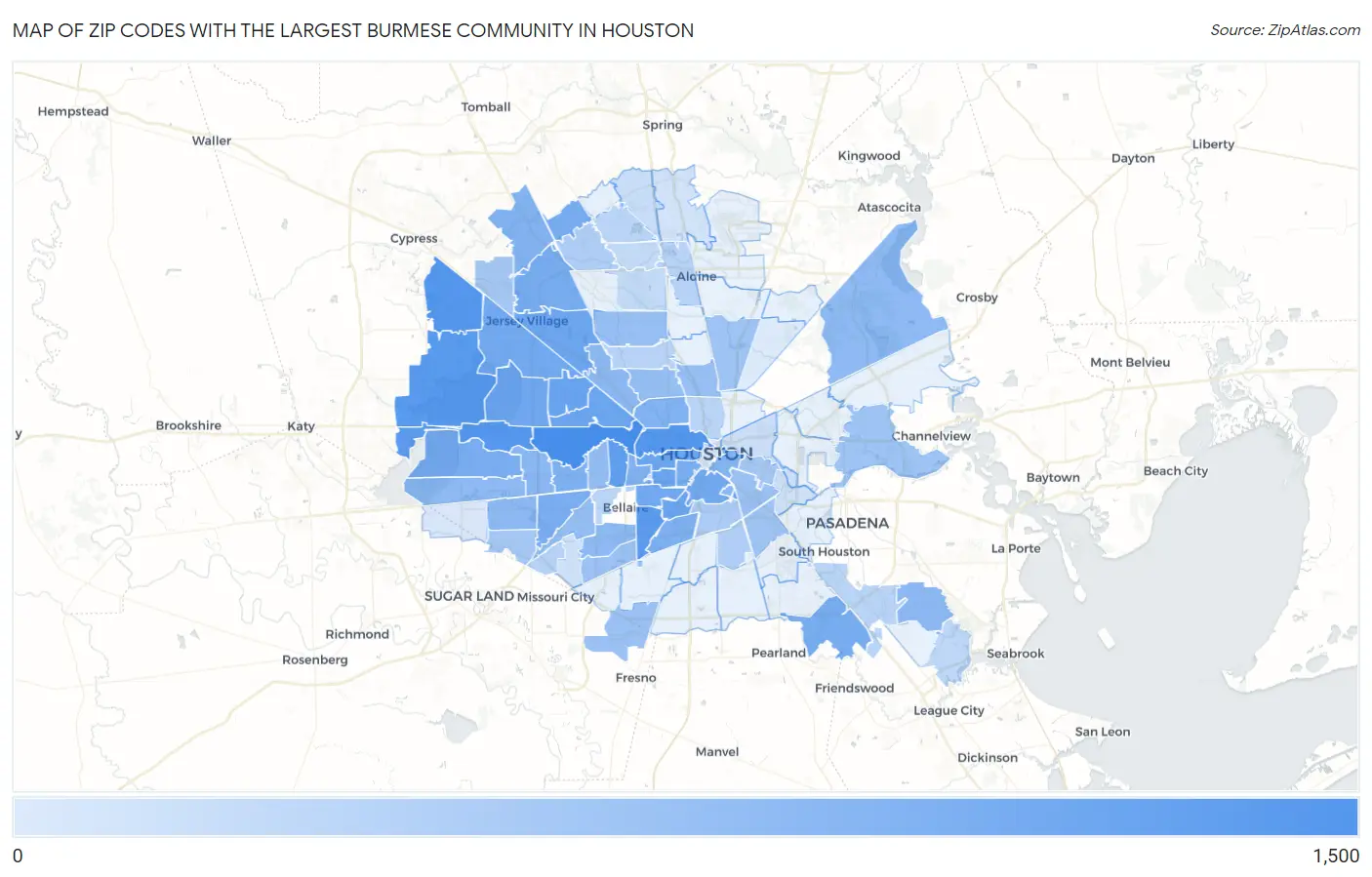 Zip Codes with the Largest Burmese Community in Houston Map