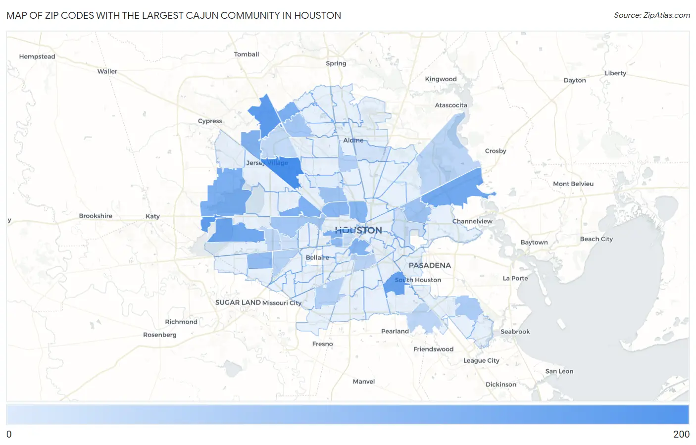 Zip Codes with the Largest Cajun Community in Houston Map
