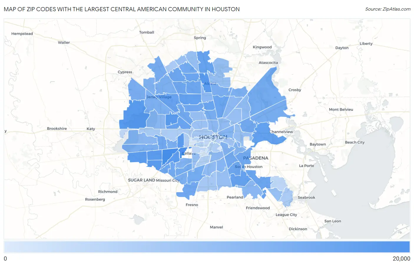 Zip Codes with the Largest Central American Community in Houston Map