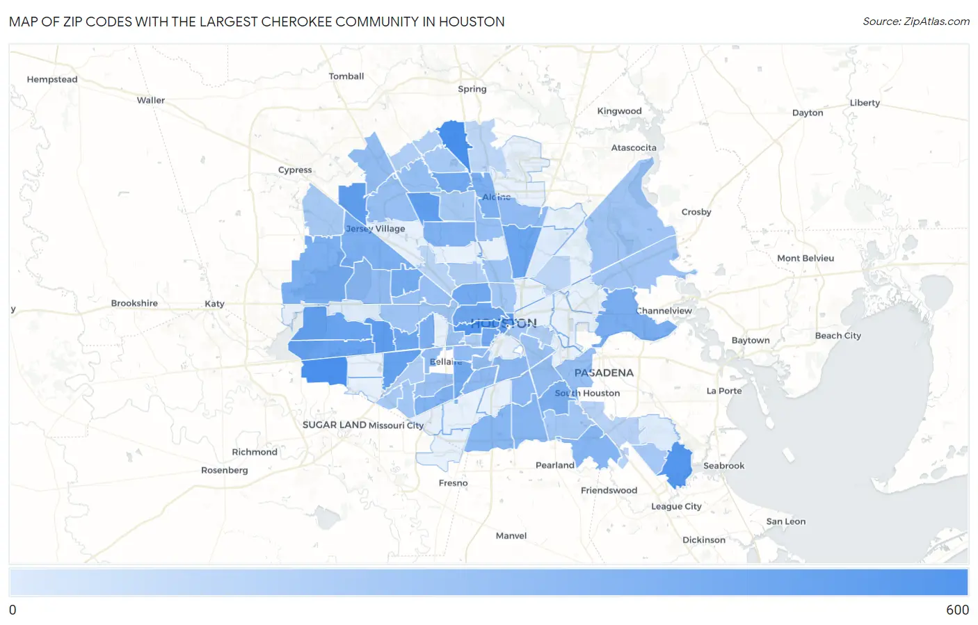 Zip Codes with the Largest Cherokee Community in Houston Map