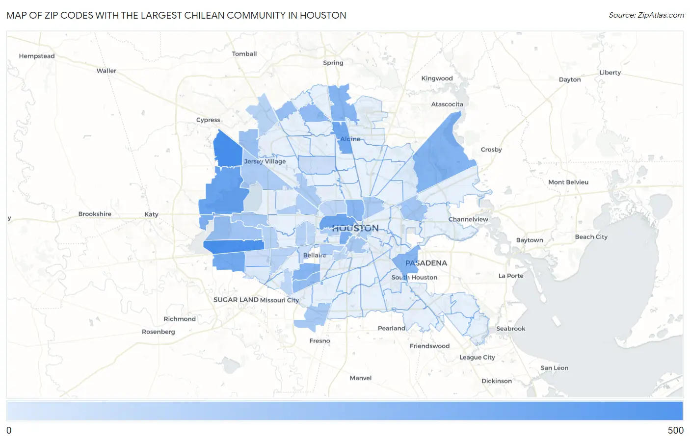 Zip Codes with the Largest Chilean Community in Houston Map