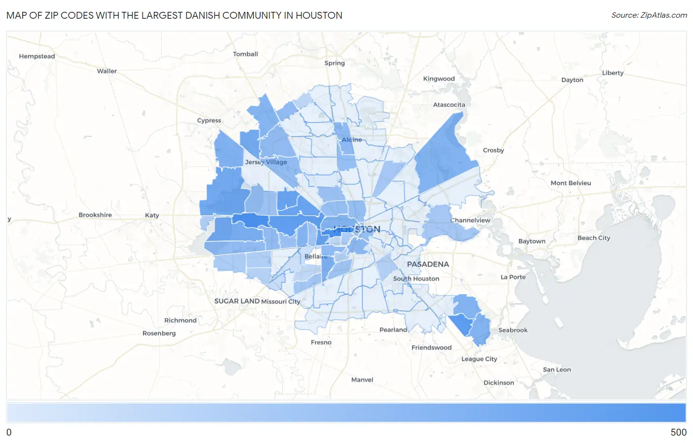 Zip Codes with the Largest Danish Community in Houston Map