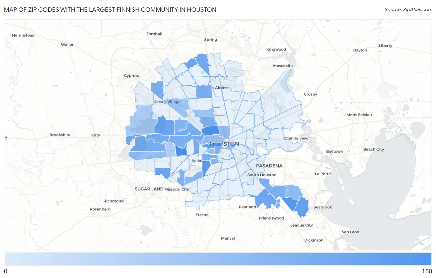 Zip Codes with the Largest Finnish Community in Houston Map