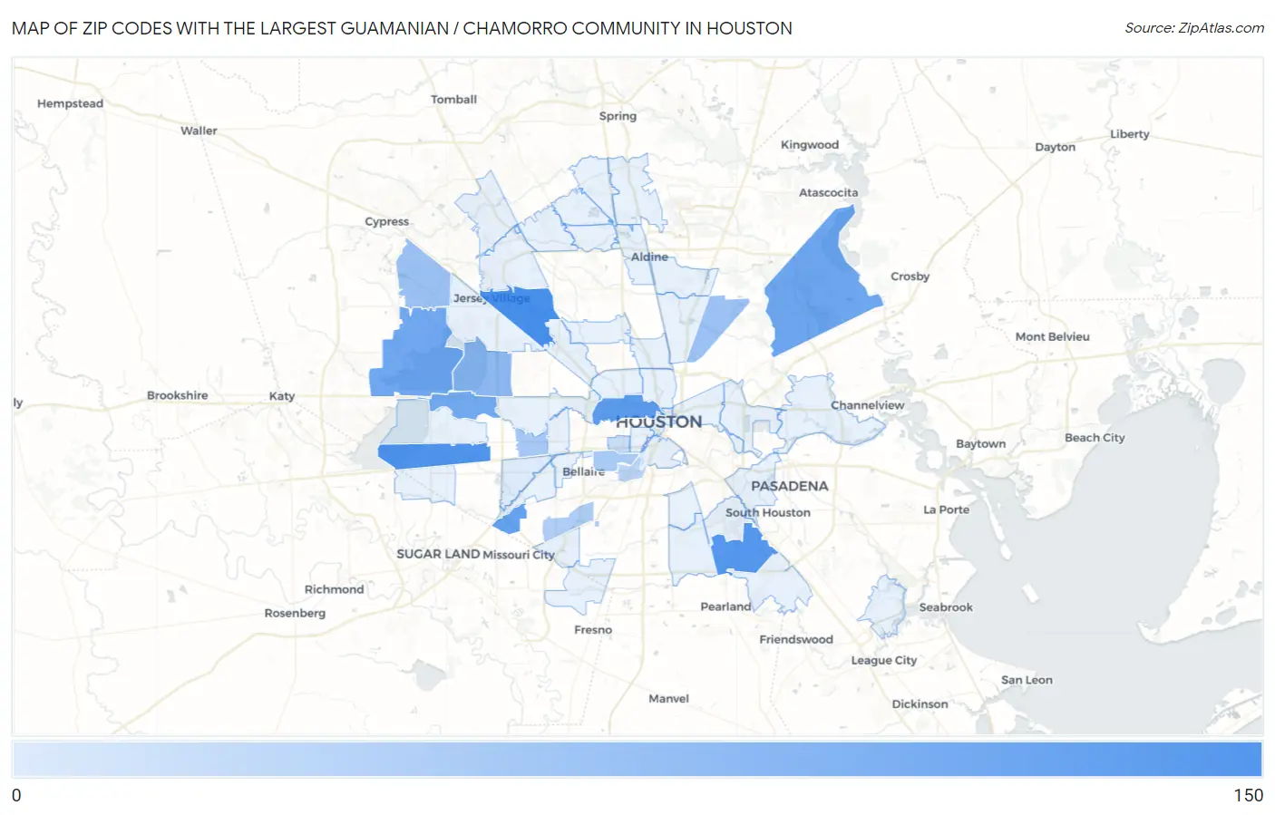 Zip Codes with the Largest Guamanian / Chamorro Community in Houston Map