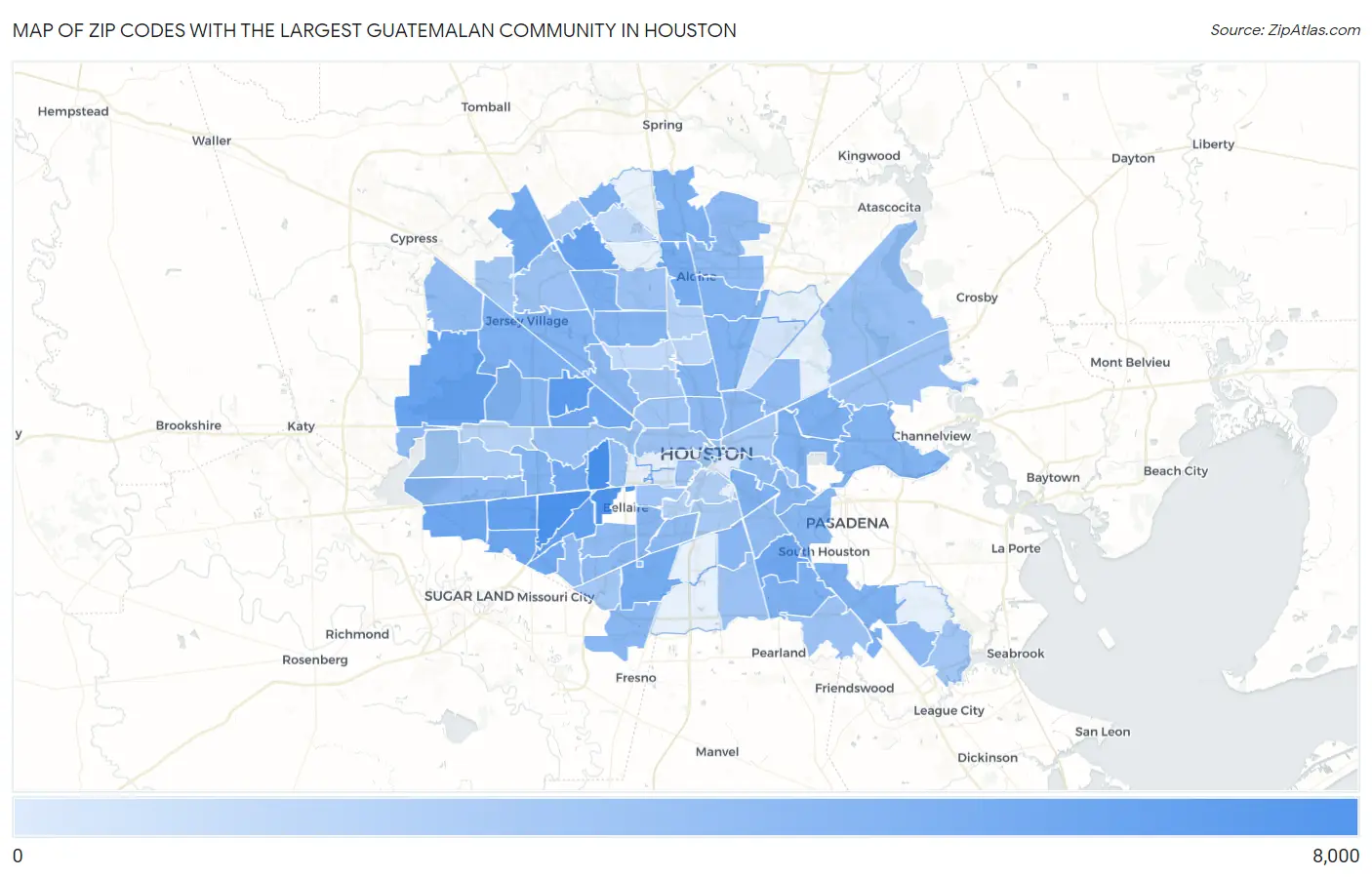 Zip Codes with the Largest Guatemalan Community in Houston Map