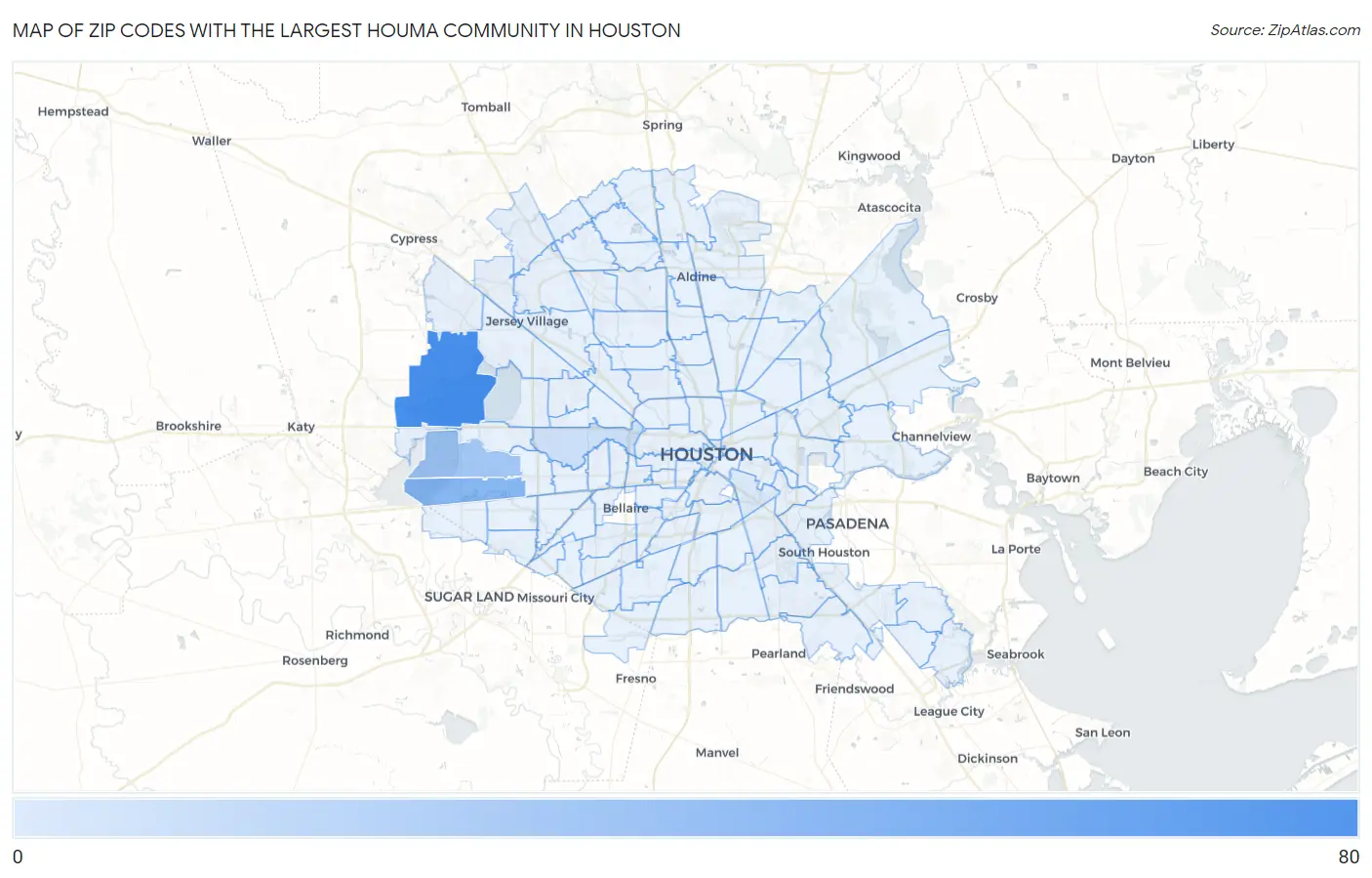 Zip Codes with the Largest Houma Community in Houston Map