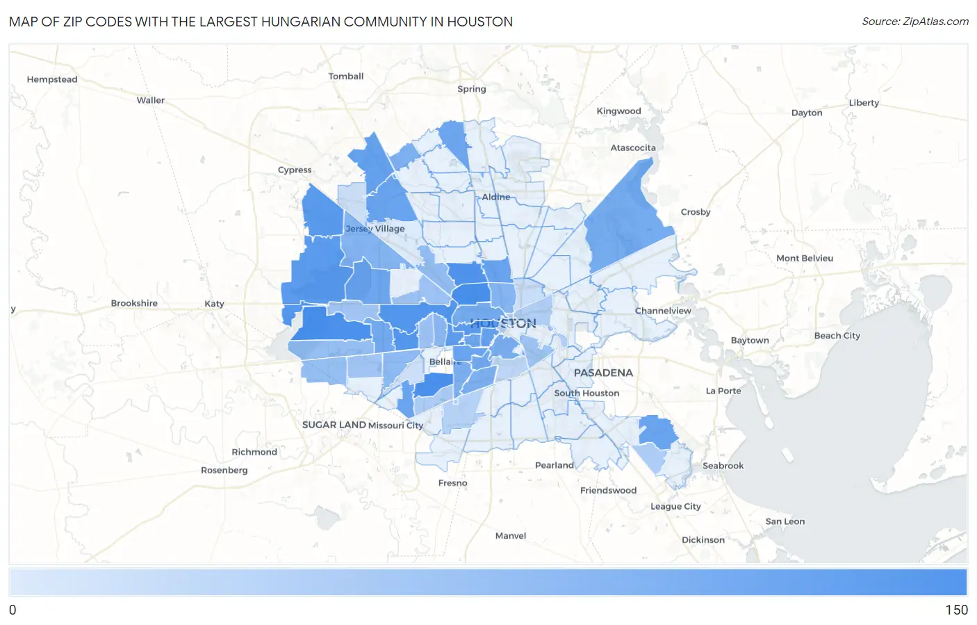 Zip Codes with the Largest Hungarian Community in Houston Map