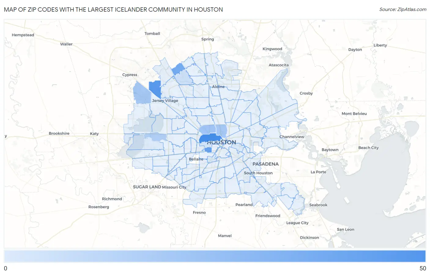 Zip Codes with the Largest Icelander Community in Houston Map