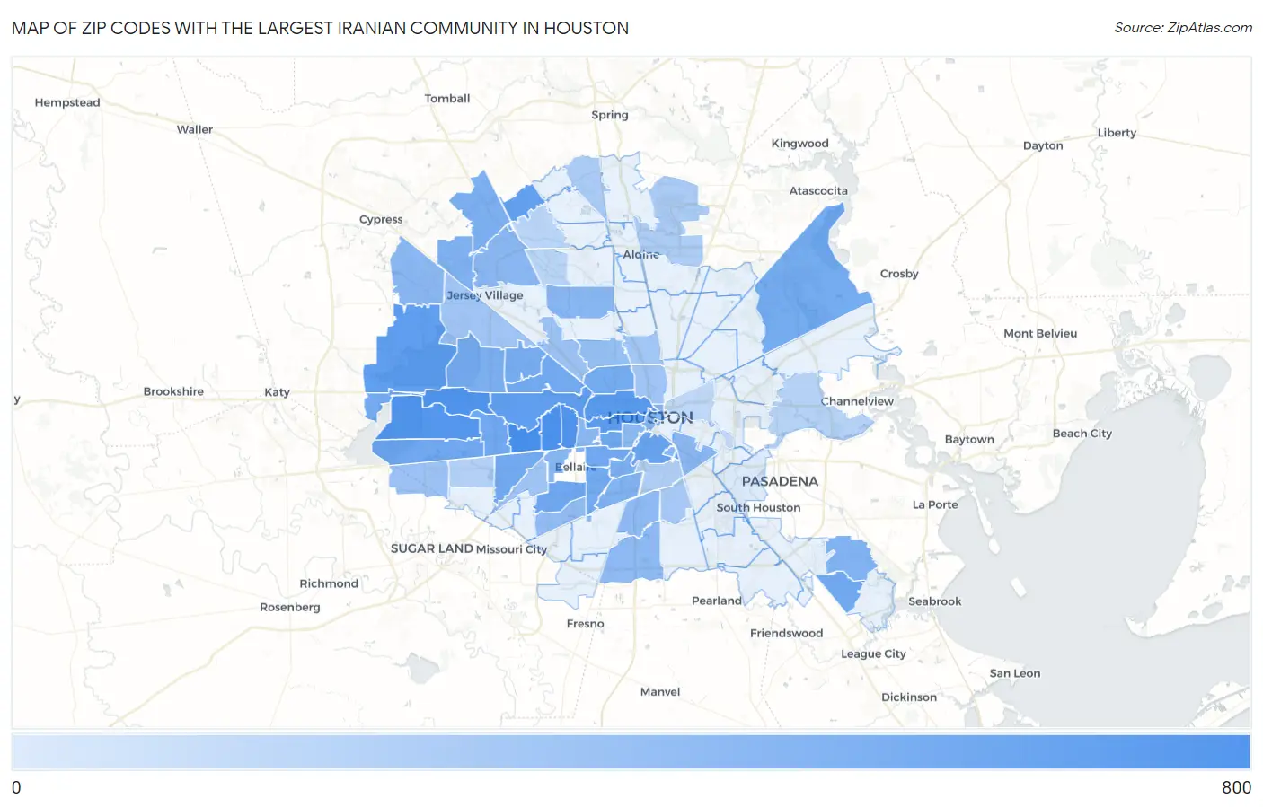 Zip Codes with the Largest Iranian Community in Houston Map