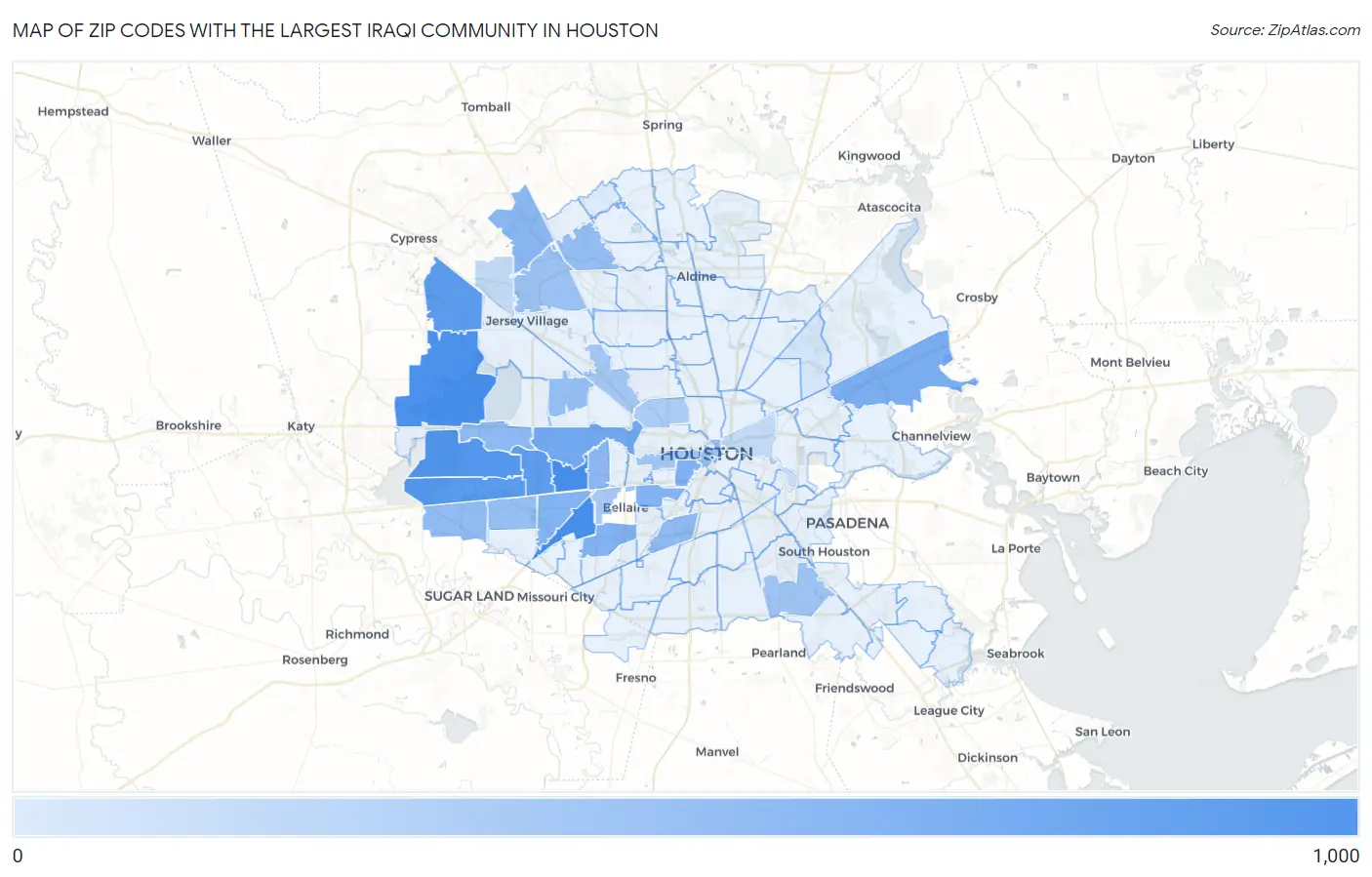 Zip Codes with the Largest Iraqi Community in Houston Map